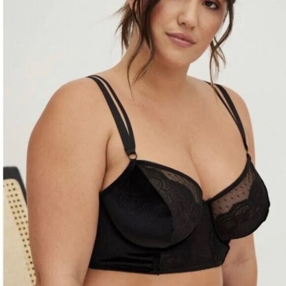 Torrid Curve Longline Bra Womens 0 Black‎ Velvet Lace Mesh Underwire Lingerie